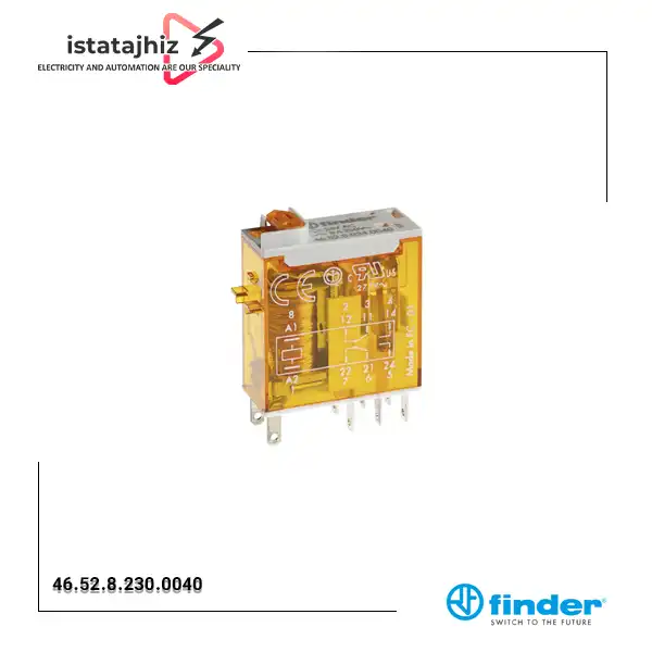 رله شیشهای کتابی 230VAC فیندر 8 آمپر 8 پایه مدل FINDER 46.52.8.230.0040 1 رله فیندر 46.52.8.230.0040 | 8 آمپر 230VAC 8 پایه