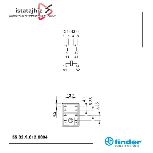 رله فیندر 230VAC دو کنتاکت 10 آمپر 8 پایه مدل Finder 55.32.8.230.0054