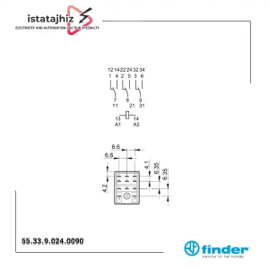 رله شیشه ای 8 پایه 3 کنتاکت 24 ولت DC فیندر مدل Finder 55.33.9.024.0090