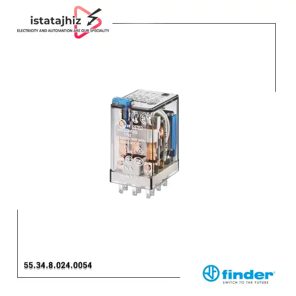 رله شیشهای 4 کنتاکت فیندر 24V AC هفت آمپر 14 پایه مدل Finder 55.34.8.024.0054