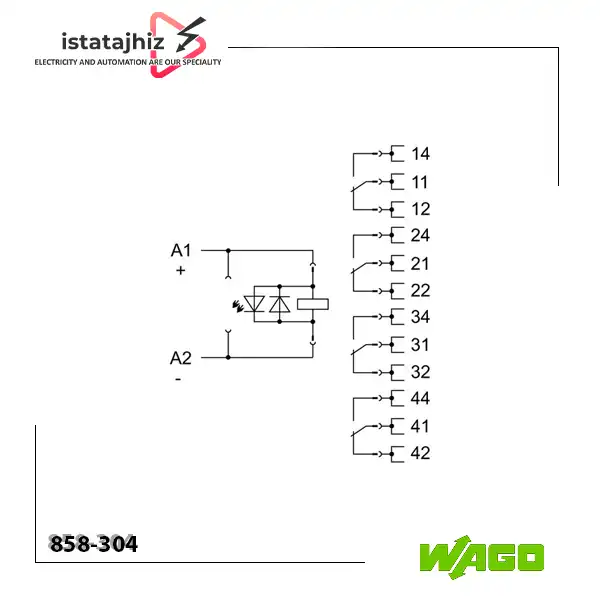 رله چهار چنج اور 5 آمپر 24VDC WAGO 858-304 3 نقشه ترمینال های رله صنعتی WAGO 858-304