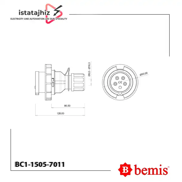 پلاگ 16 آمپر سه فاز بمیس BC1-1505-7011 2 Code: BC1-1504-7535 Type: Low voltage 90° Surface Socket Amp: 16 A Poles: 3P+E Voltage: 380 - 415 V Hz: 50/60 Hour: 6h IP67 Water Proof ضد آب With screw terminals Housing material: PA6 / ABS Contacts: Brass سوکت روکار یا مادگی دیواری 16 آمپر سه فاز چهار شاخه 4 پین ضد آب بمیس ترکیه IP67 Made In Turkey / Bemis نماینده انحصاری بمیس ترکیه در ایران Exclusive agent of Bemis in Iran